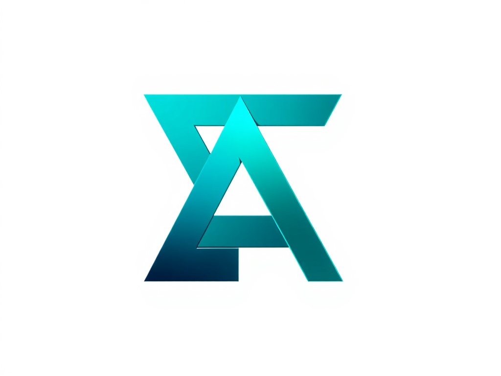 Stylized abstract logo of interlocking geometric shapes forming a T and A, gradient of teal to navy, metallic finish, isolated on white, 8k product rendering